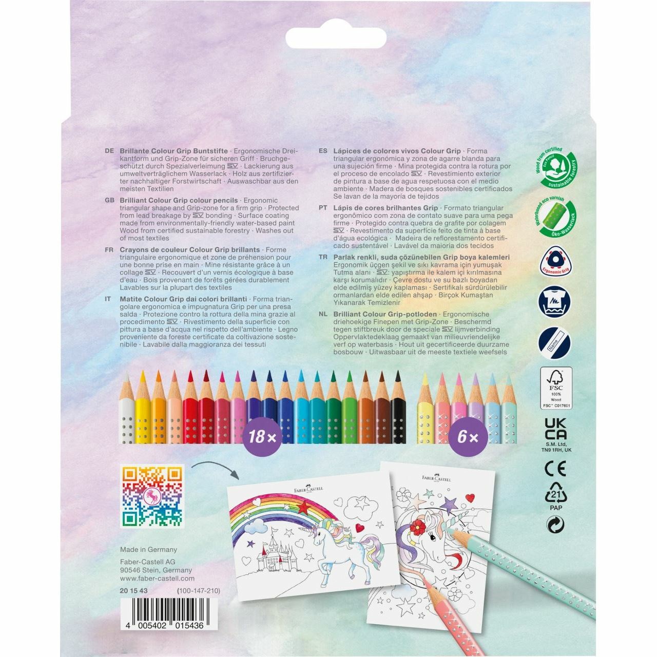 Faber-Castell 201543 Set di Matite Colorate, 24 Pezzi - 18 Matite Colour Grip e 6 Matite Sparkle, Fusto Triangolare Ergonomico, Mina Resistente, Legno Certificato FSC