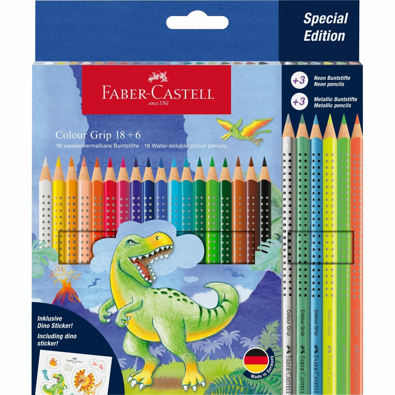 Faber-Castell 201546 Set di Matite Colorate Dinosaurus - 24 pz, 10 Colori Standard, 3 Metallici, 3 Neon, con Adesivi e Impugnatura Antiscivolo