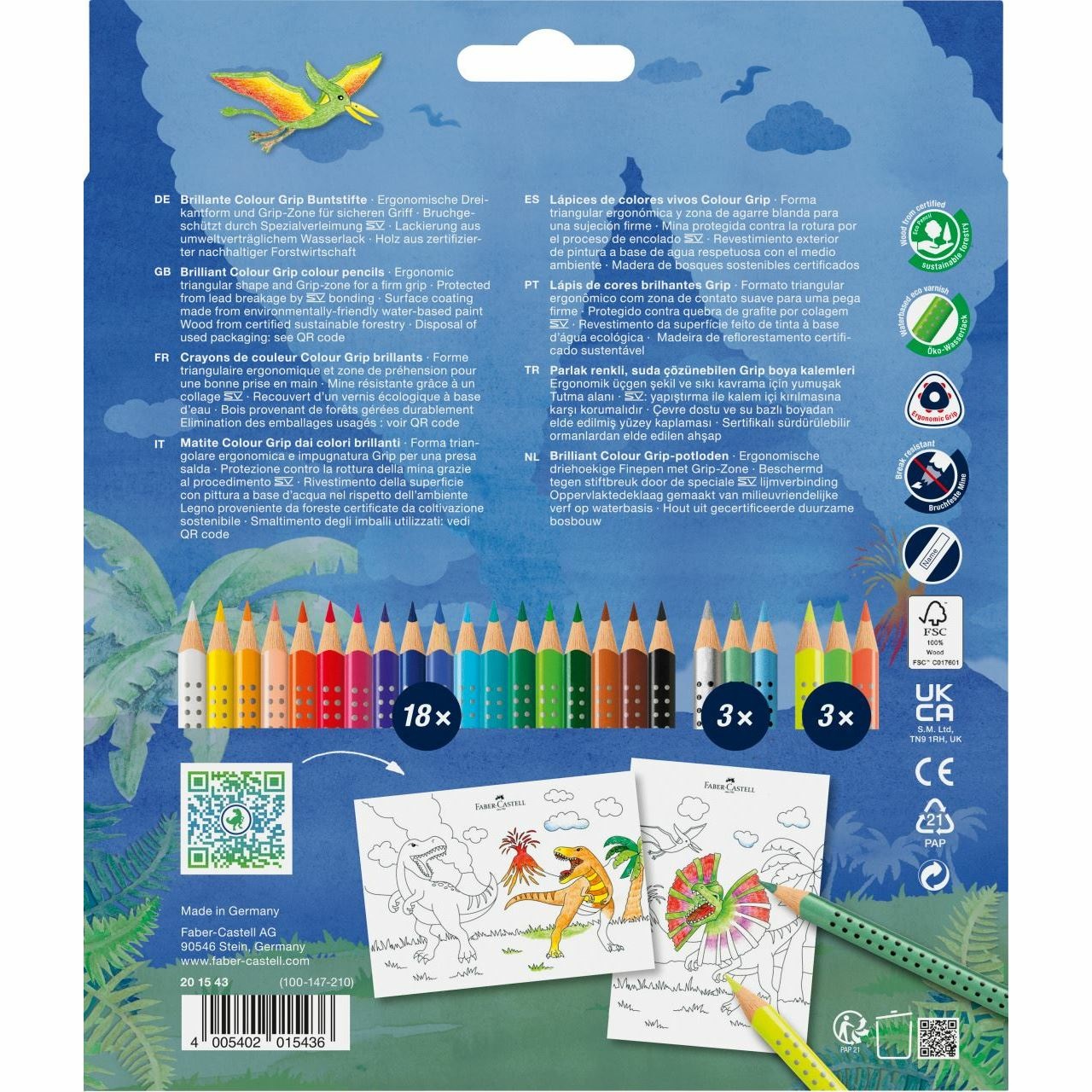 Faber-Castell 201546 Set di Matite Colorate Dinosaurus - 24 pz, 10 Colori Standard, 3 Metallici, 3 Neon, con Adesivi e Impugnatura Antiscivolo
