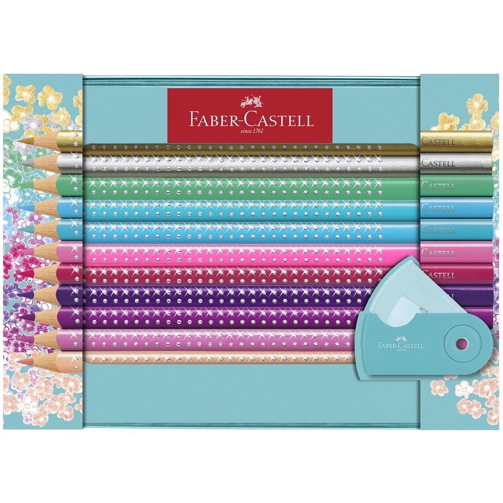 Faber-Castell Set 20 Matite Colorate Sparkle con Temperamatite Sleeve Mini Turchese - Astuccio in Metallo Floreale