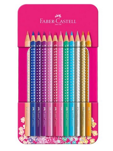 Faber-Castell 201737 Set da 12 Matite Colorate Sparkle con Astuccio in Metallo Rosa e Dettagli Brillantinati