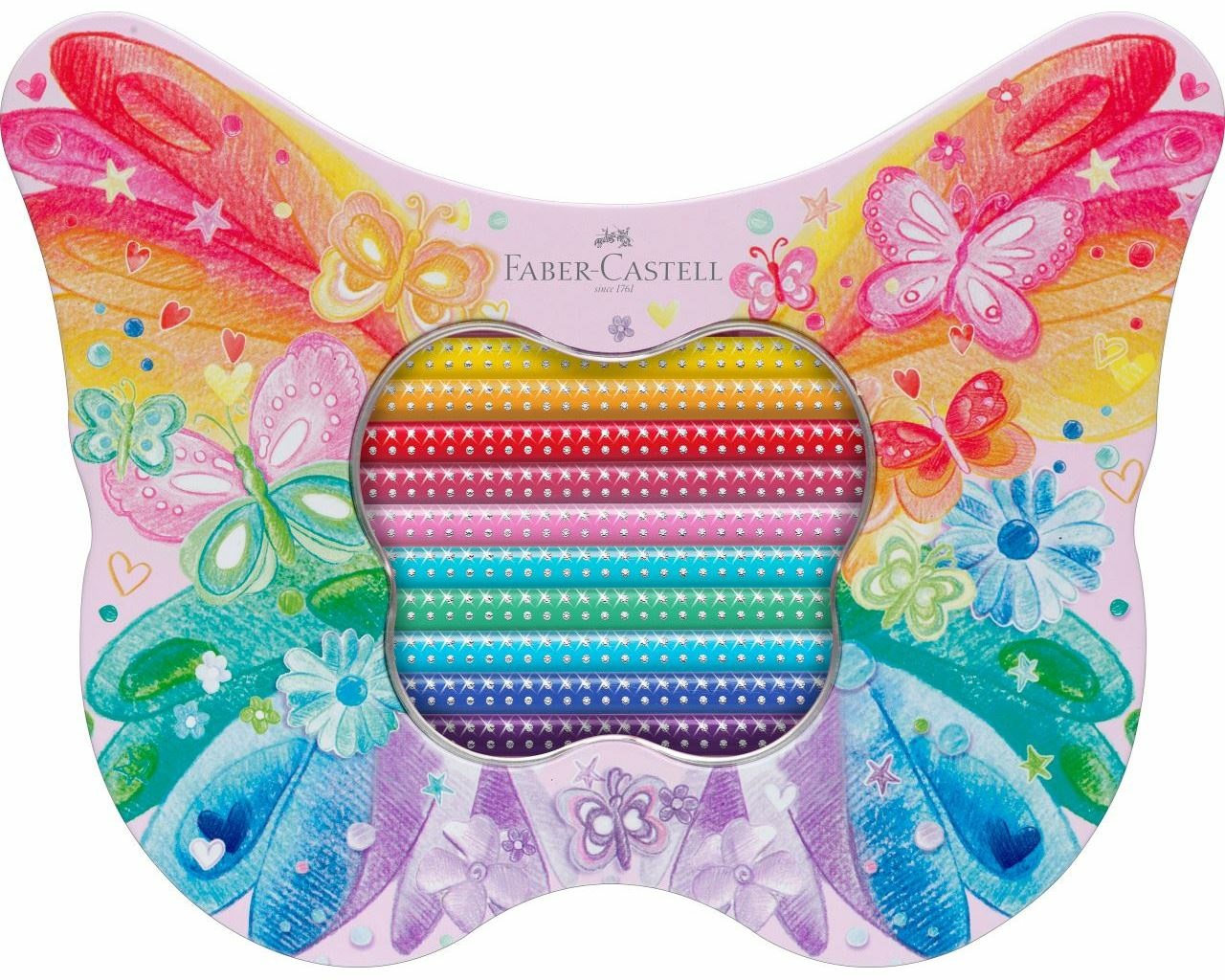 Faber-Castell 201971 Set di Pastelli Colorati - 20 Pezzi (12 Standard e 8 Pastello) con Astuccio a Forma di Farfalla e Adesivi Inclusi