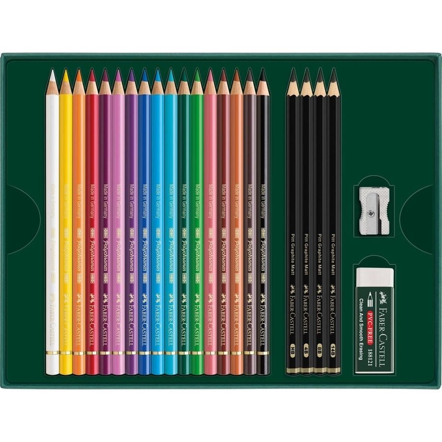 Faber-Castell Set Polychromos e Pitt Graphite Matt, 23 pezzi - 17 Matite Colorate Professionali, 4 Matite Pitt Graphite Matt, Temperamatite e Gomma Dust Free