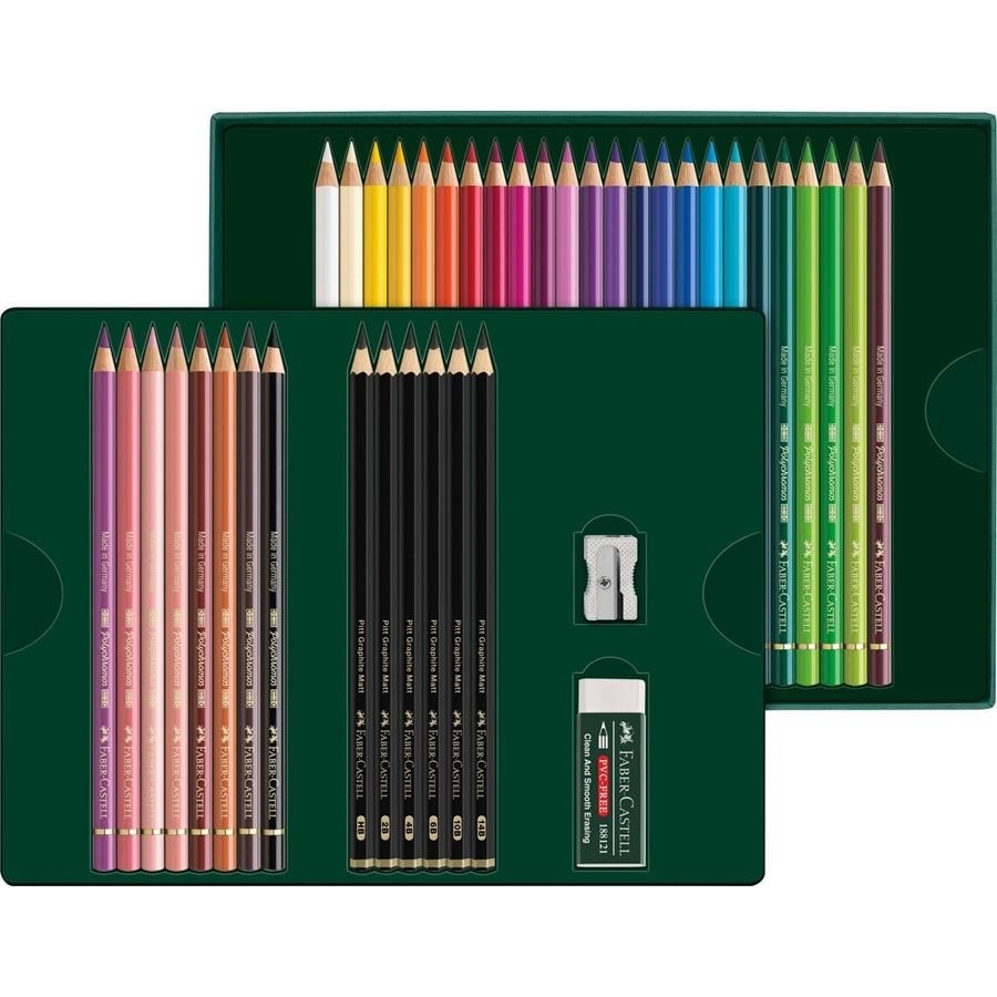 Faber-Castell Set da Disegno 40 Pezzi - 32 Matite Colorate Polychromos e 6 Matite Pitt Graphite Matt con Temperino e Gomma