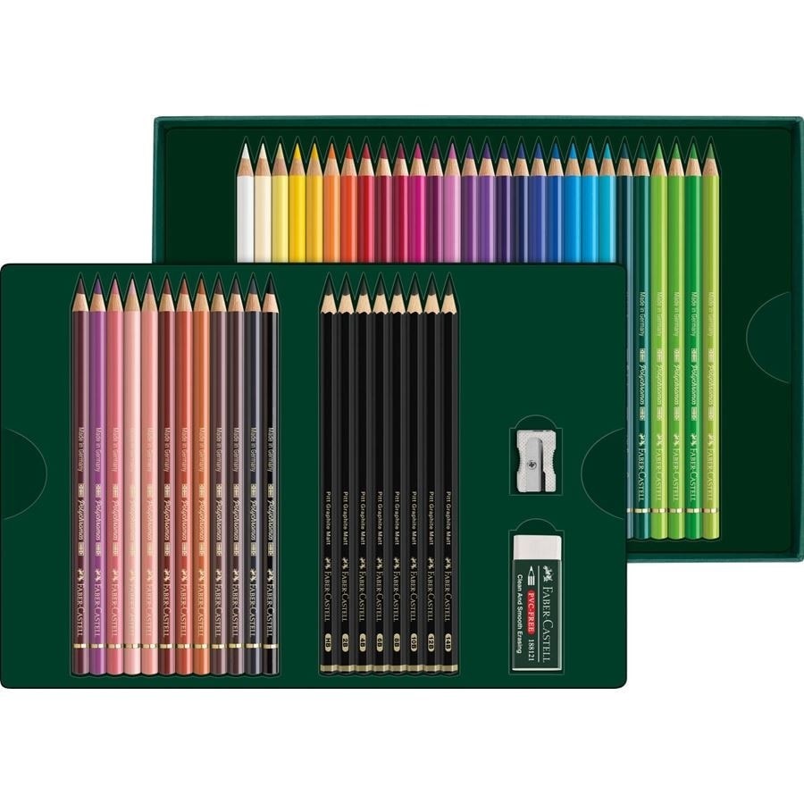 Faber-Castell Set da Disegno 50 Pezzi - 40 Matite Colorate Polychromos e 8 Matite Pitt Graphite Matt con Temperino e Gomma
