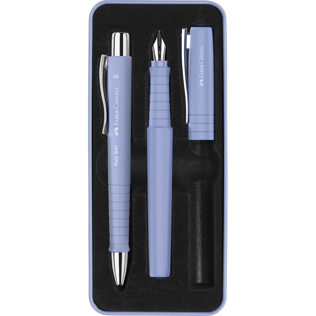 Faber-Castell Set di Scrittura Poly Pen e Sfera 0,7mm - Fusto Iris Pallido, Pennino Largo, Ergonomico