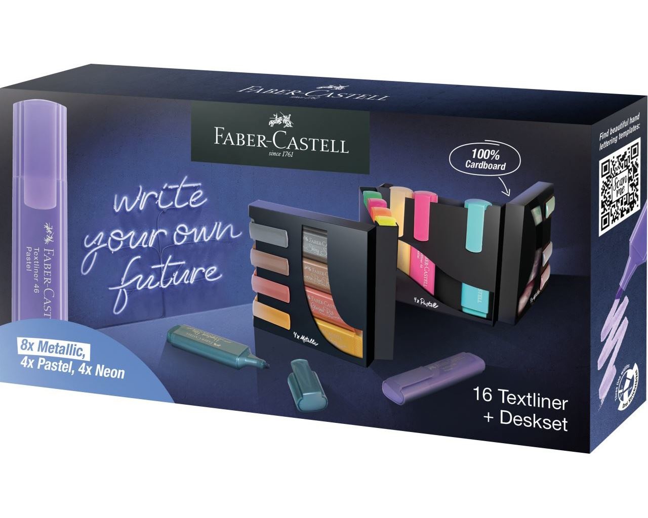 Faber-Castell 254603 Set di 16 Evidenziatori con Organizer - Punta a Scalpello di Precisione, Colori Pastello, Metallici e Neon, Design Ergonomico Piatto