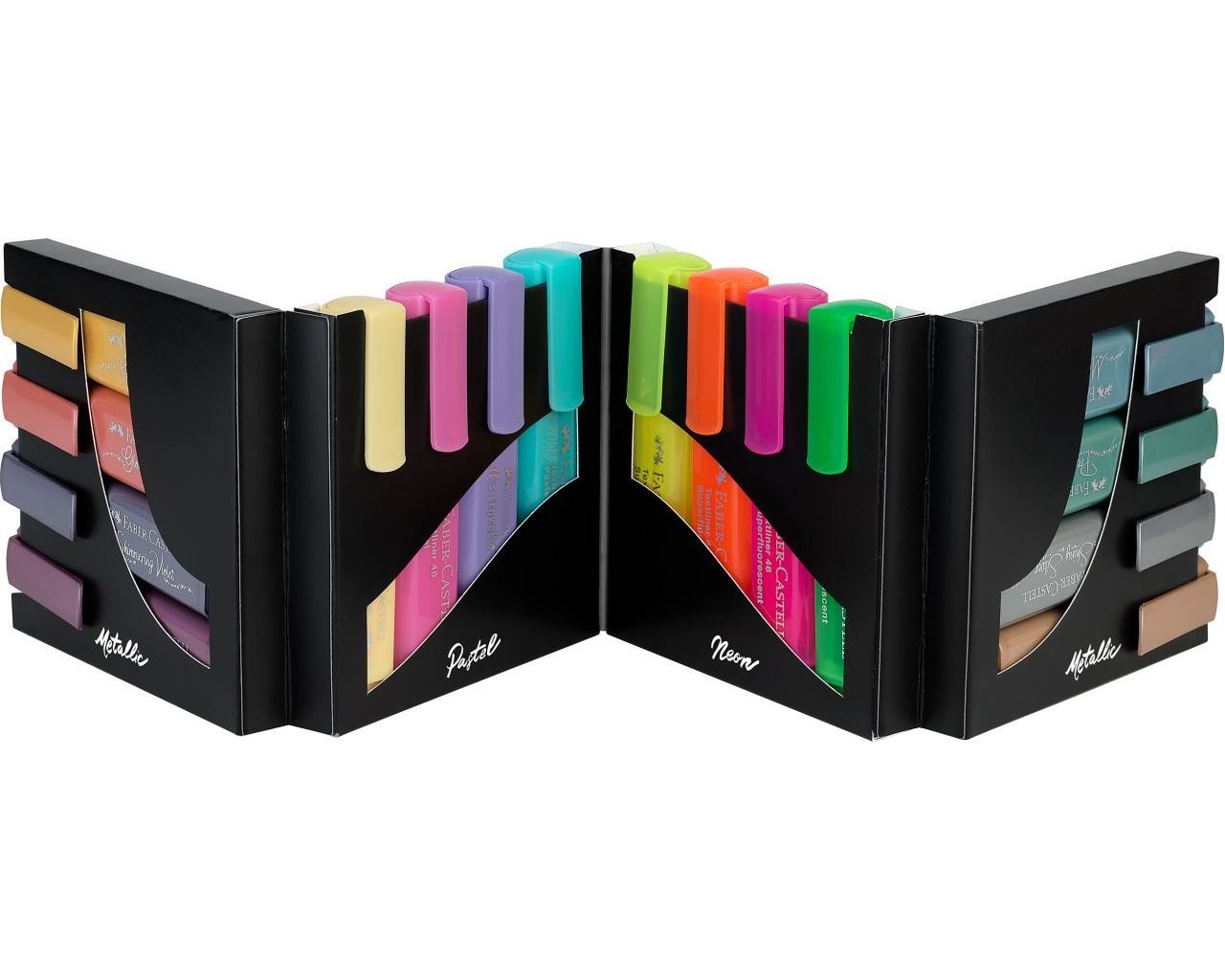 Faber-Castell 254603 Set di 16 Evidenziatori con Organizer - Punta a Scalpello di Precisione, Colori Pastello, Metallici e Neon, Design Ergonomico Piatto