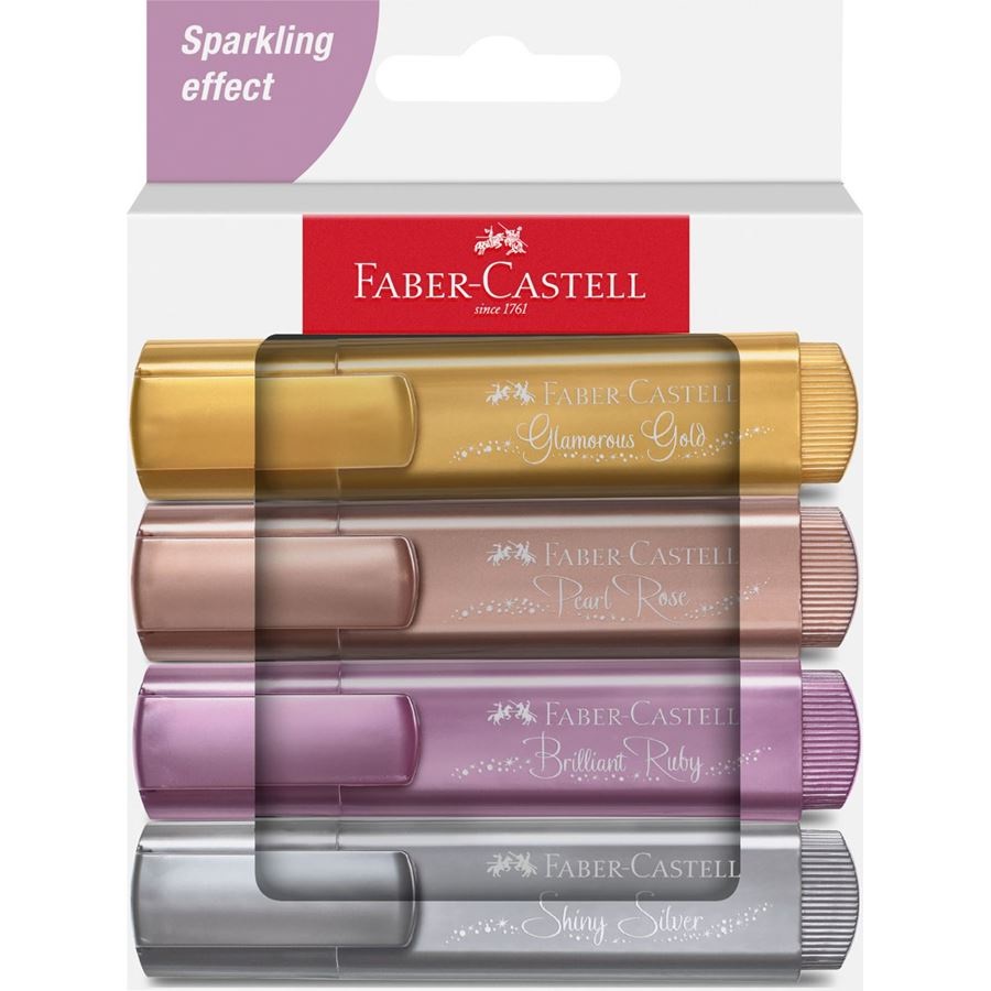 Faber-Castell Textliner 46 - Evidenziatore Punta a Scalpello - Tratto 1,0-3,0-5,0 mm - Colori Assortiti Metallici (Oro, Viola, Rosa, Argento) - Astuccio da 4 Colori