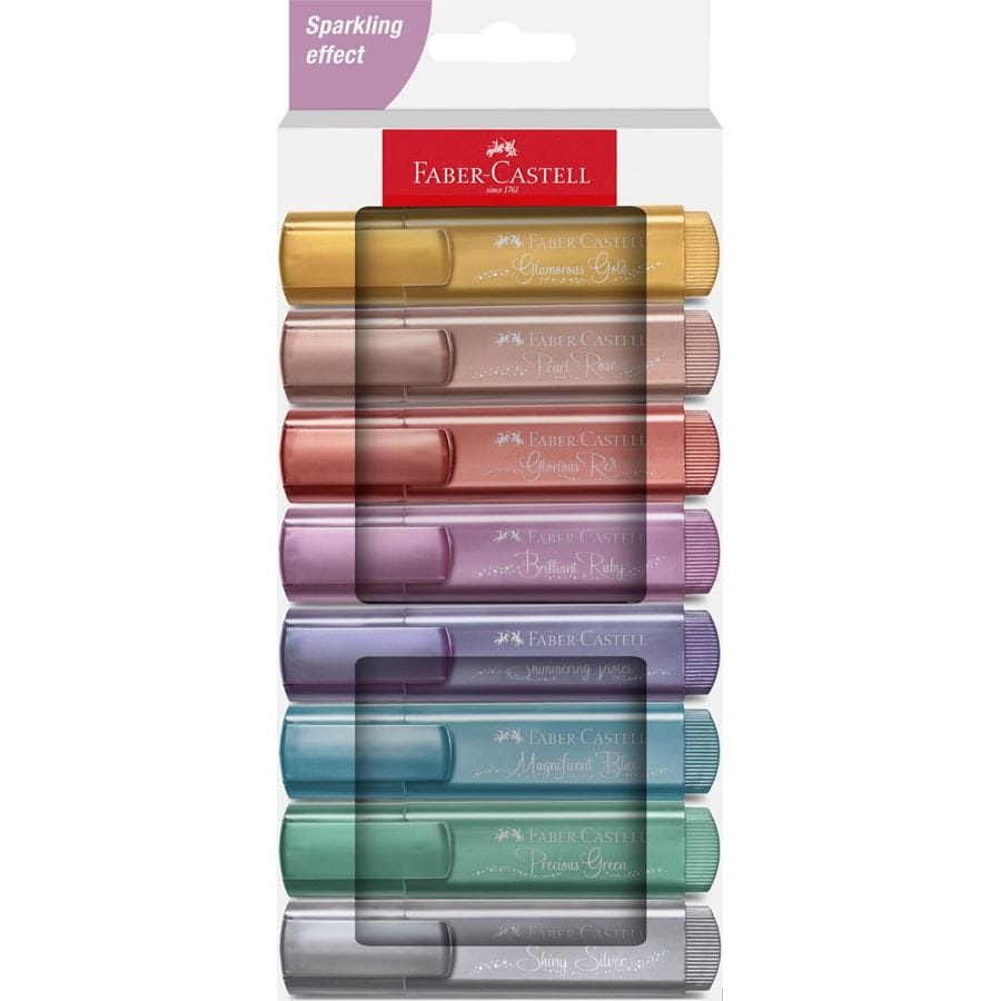 Faber-Castell Textliner 46 Evidenziatore Metallic - Astuccio da 8 Colori - Punta a Scalpello - Tratto 1,0-3,0-5,0 mm - Inchiostro a Base d'Acqua - Plastica Riciclata