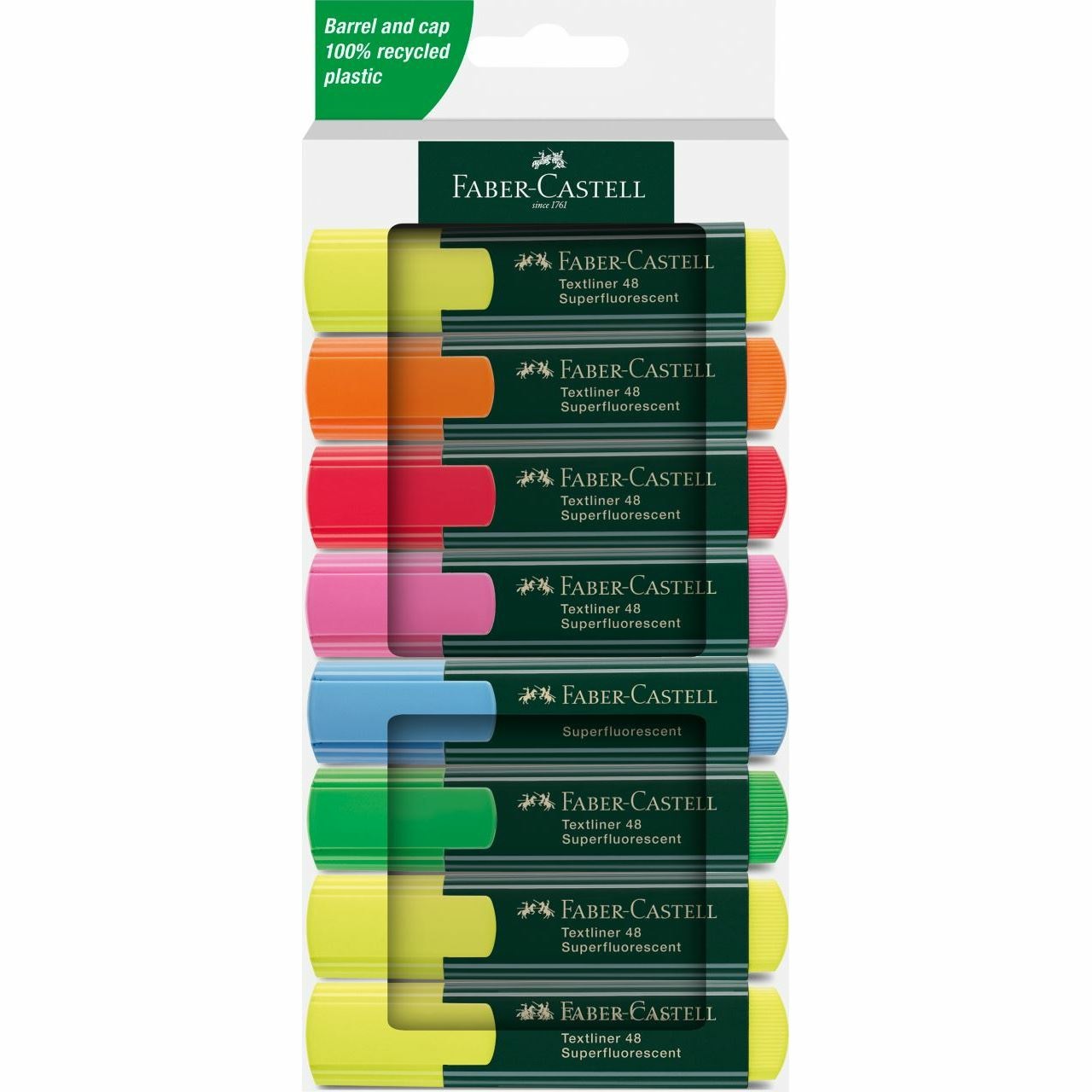 Faber-Castell 254848 Set di evidenziatori 8 pz Neon con punta a scalpello, larghezza linea 1-5 mm, ricaricabili