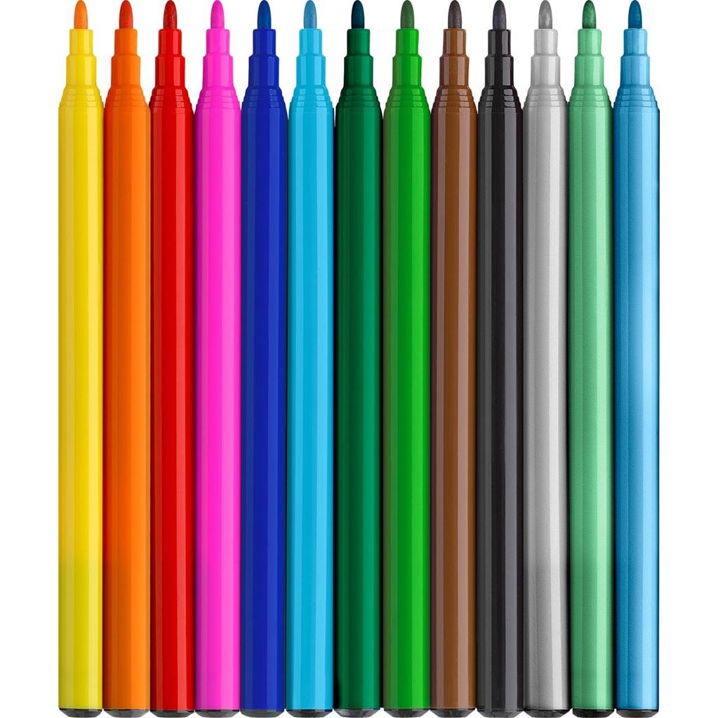 Faber-Castell Pennarelli Dinosauro - Confezione da 13 pz con 10 Colori Brillanti e 3 Metallici, Punta in Feltro e Adesivi Inclusi