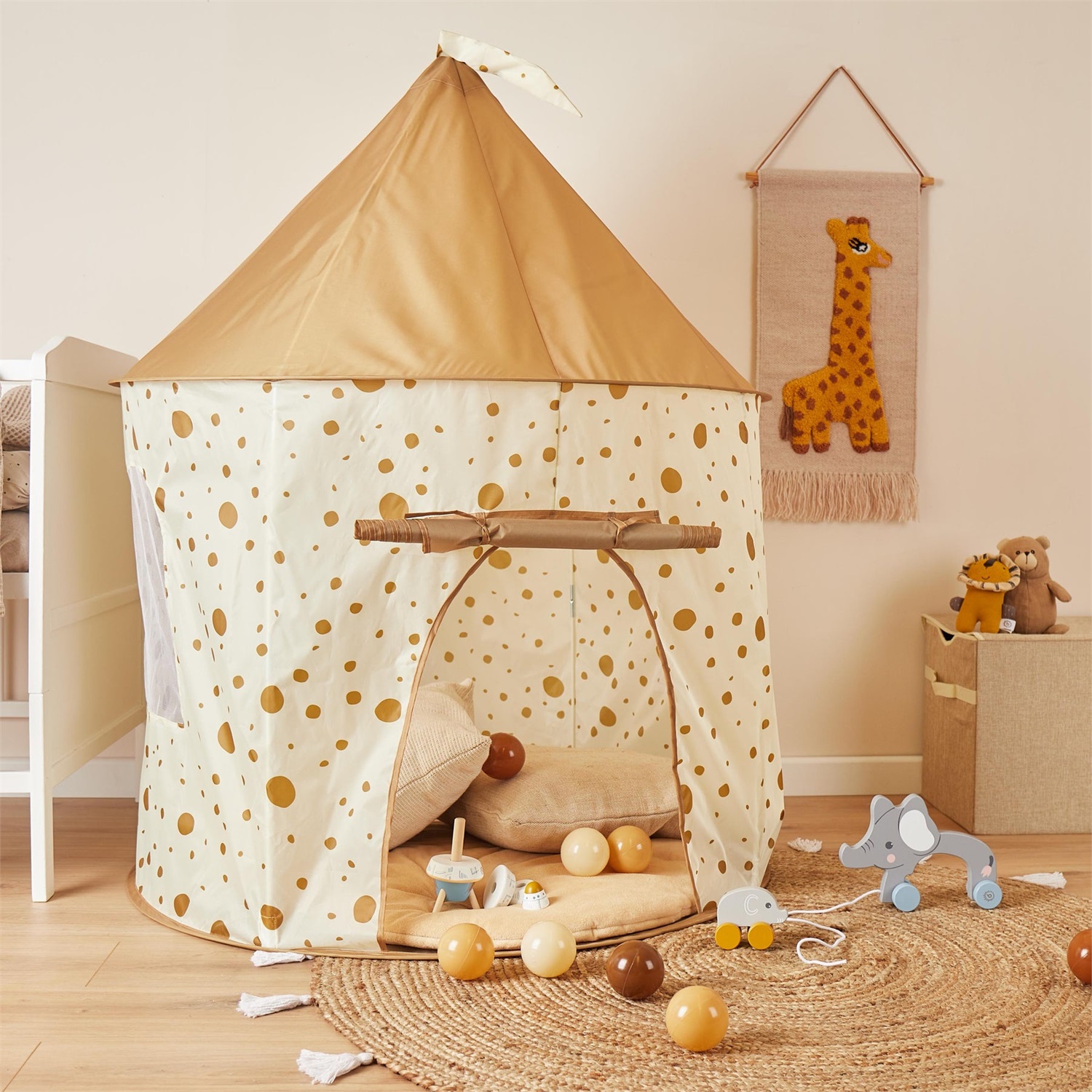 Bieco Tenda da Gioco Pop-up Dots per Bambini - Capanna Interna in Tessuto Atossico con Porta Avvolgibile e Finestre