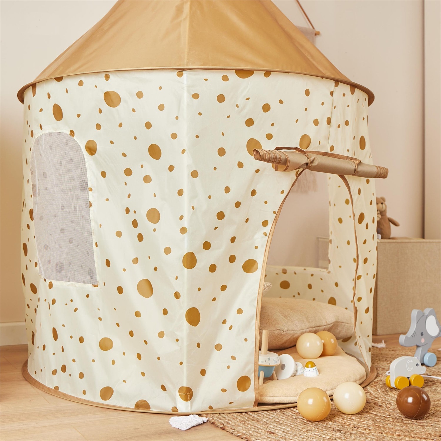 Bieco Tenda da Gioco Pop-up Dots per Bambini - Capanna Interna in Tessuto Atossico con Porta Avvolgibile e Finestre