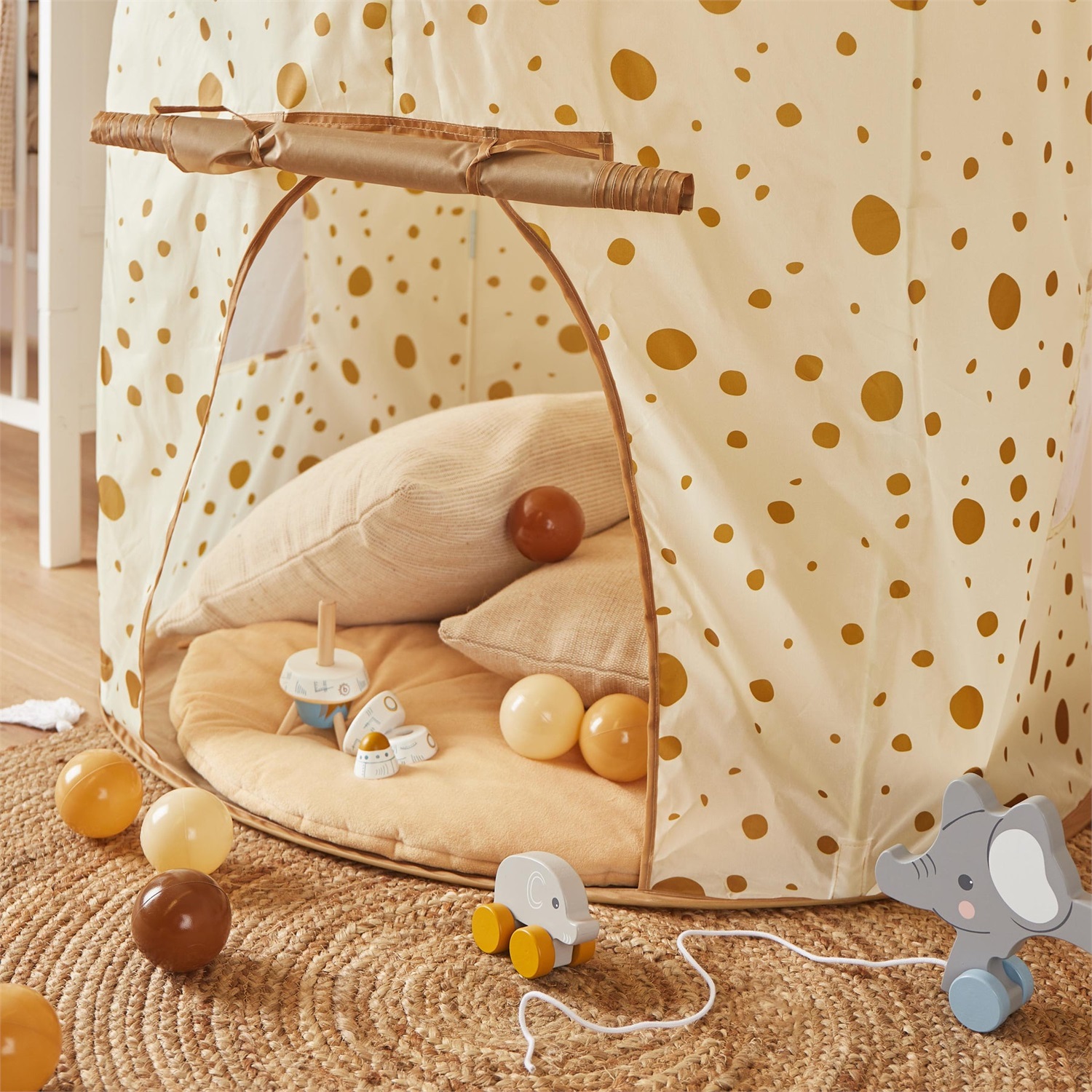 Bieco Tenda da Gioco Pop-up Dots per Bambini - Capanna Interna in Tessuto Atossico con Porta Avvolgibile e Finestre