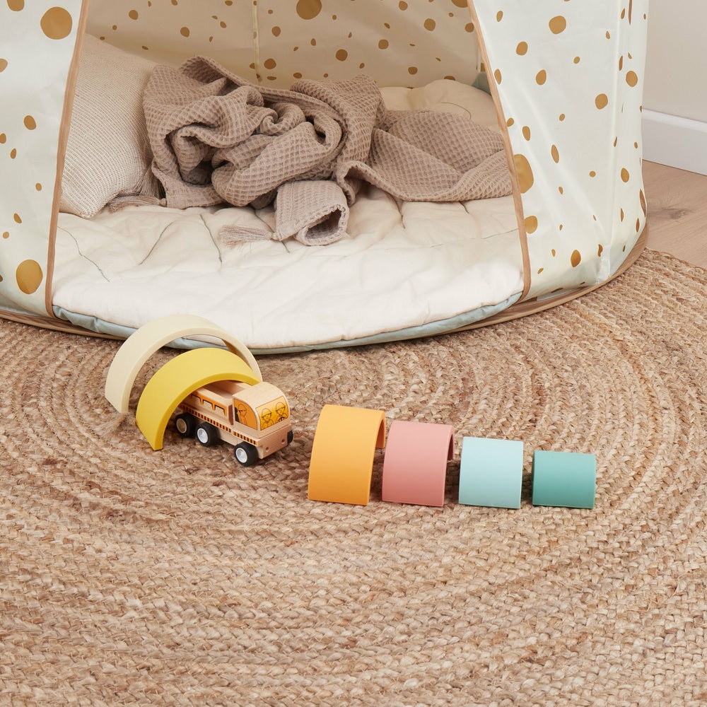 Bieco Giocattolo Arcobaleno in Silicone Tropical Vibes | Mattoncini da Costruzione Montessori in Colori Pastello | Sviluppo Abilità Motorie Fini