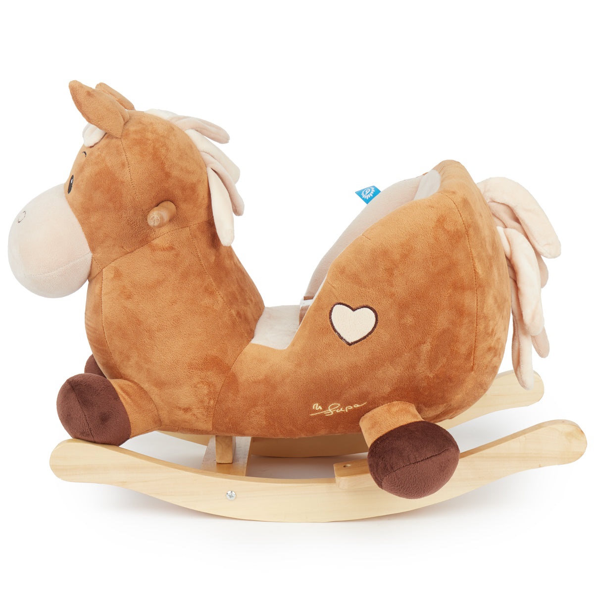 BIECO Cavalluccio a Dondolo Calimero 60cm in Morbido Peluche con Cintura di Sicurezza per Bambini dai 9 Mesi