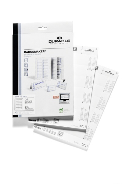 Durable Inserto per Portanome 40 x 75 mm - Bianco, 240 Segni, Compatibile con Stampanti Laser, Conf. da 1200 Pz.