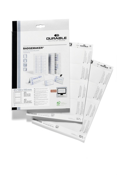 Durable 145902 Badgemaker - Cartoncini Inserto per Portanome da Tavolo 61x150 mm, Bianco, Confezione da 40 Inserti