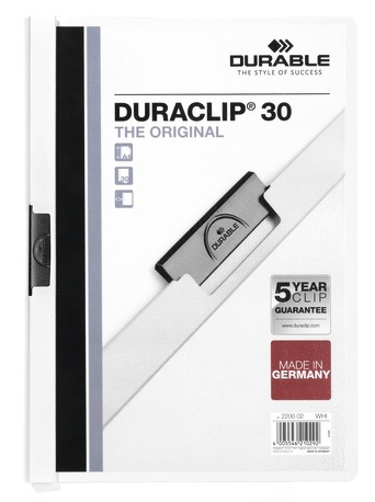 Durable DURACLIP® Cartellina con Clip A4 Bianco - Dorso 3 mm - Capacità 30 Fogli - PVC di Alta Qualità