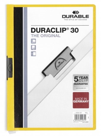 Durable DURACLIP® Cartellina A4 Gialla - Capacità 30 Fogli, Dorso 3 mm, PVC Trasparente con Clip in Acciaio