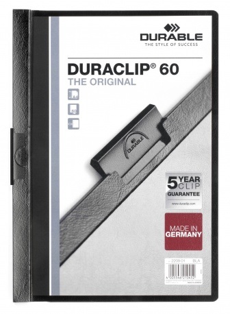Durable DURACLIP® A4 Cartellina con Clip - Capacità 60 Fogli, Dorso 6 mm, PVC Nero e Copertina Trasparente