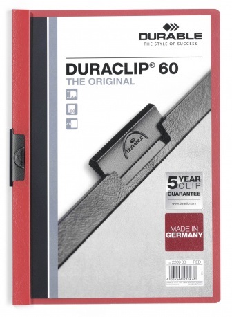 Durable DURACLIP® A4 Cartellina con Clip - Capacità 60 Fogli, Dorso 6 mm, PVC Rosso e Copertina Trasparente