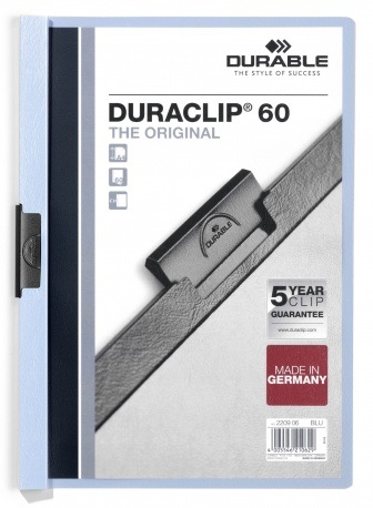 Durable DURACLIP® A4 Cartellina con Clip - Capacità 60 Fogli, Dorso 6 mm, PVC Azzurro, Copertina Trasparente