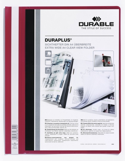 Durable Cartellina ad Aghi DURAPLUS® A4 Rosso - Copertina Trasparente Personalizzabile con Tasca Interna