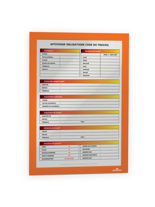 Durable DURAFRAME Cornice Espositiva Adesiva A4 Arancione - Confezione da 10 o 20 Pezzi, Staccabile e Riutilizzabile