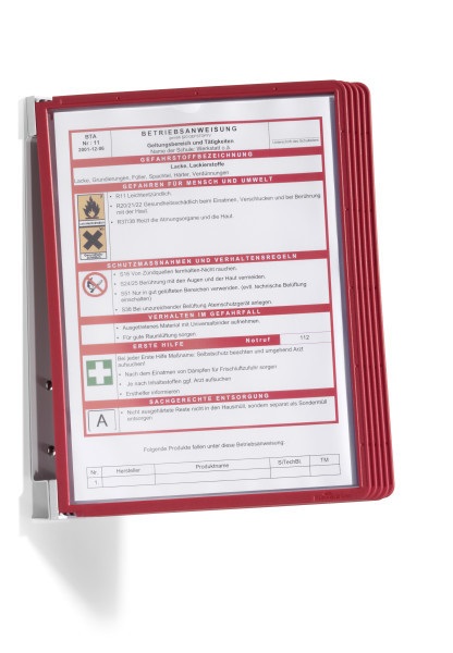 Durable Vario® Wall 5 Leggio da Parete con 5 Pannelli A4 in Metallo/Polipropilene Rosso e Cavalierini Rimovibili