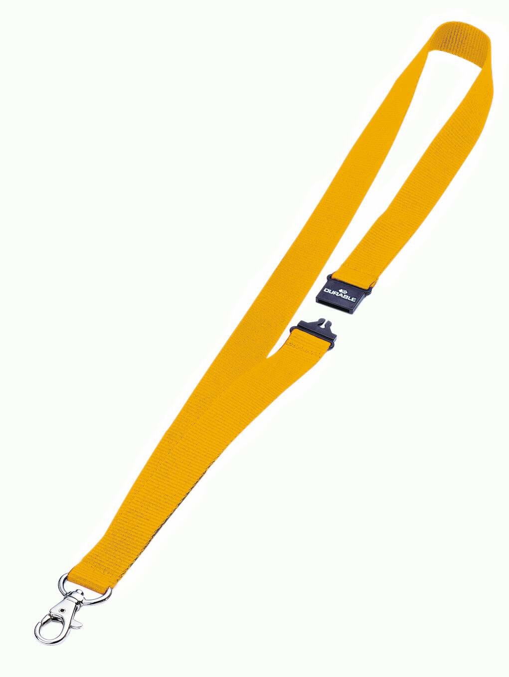 Durable 813704 - Cordoncino in tessuto giallo con clip e chiusura di sicurezza, larghezza 20 mm, lunghezza 44 cm, confezione da 10 pezzi