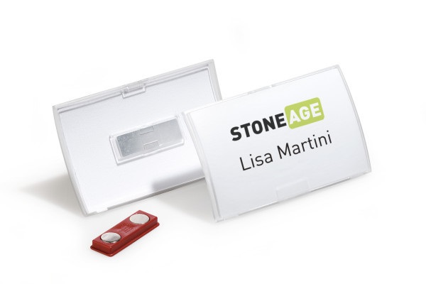 Durable 821219 Portanome Click Fold con Magnete, Convesso, Apertura a Scatto, 40 x 75 mm, Trasparente, Confezione da 10 Pezzi