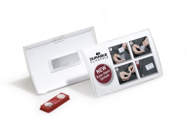 Durable 821219 Portanome Click Fold con Magnete, Convesso, Apertura a Scatto, 40 x 75 mm, Trasparente, Confezione da 10 Pezzi