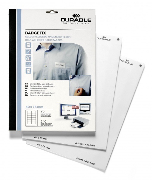 Durable BADGEFIX Targhetta per Nome Autoadesiva in Seta Acetata, 40x75 mm, Bianca, Confezione da 240 Pz