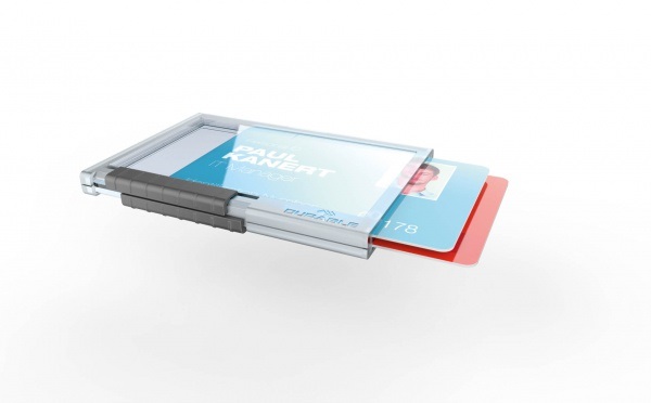 Durable 892119 Portabadge Pushbox Duo - 2 Tessere, 54x87mm, Comparti Separati, Levette Scorrevoli, Trasparente, Confezione da 10 Pezzi