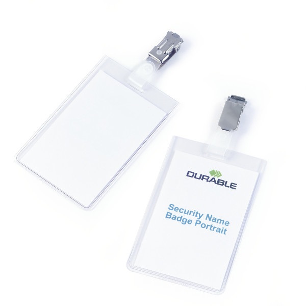Durable 800219 Portabadge Verticale in PVC Trasparente con Clip Ruotabile, Tasca Chiusa, 90x60 mm, Confezione da 25 Pezzi