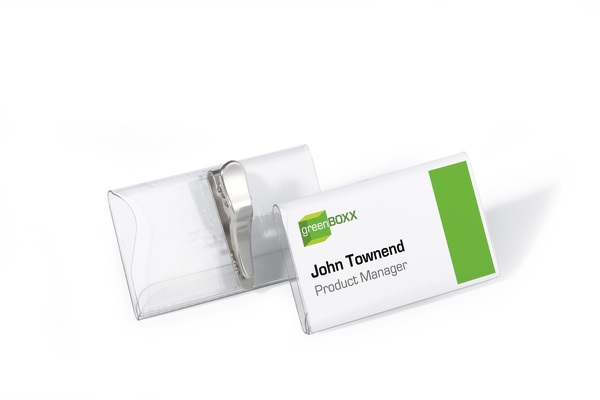 Durable 811019 Portanome con clip a coccodrillo ruotabile, trasparente, 40 x 75 mm, confezione da 25 pezzi