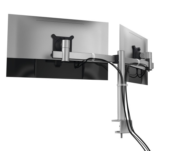 Durable 508523 Braccio Porta Monitor Pro per 2 Monitor da 21-27'' con Morsetto, Ruotabile 360°, Inclinabile, Altezza Regolabile, Argento