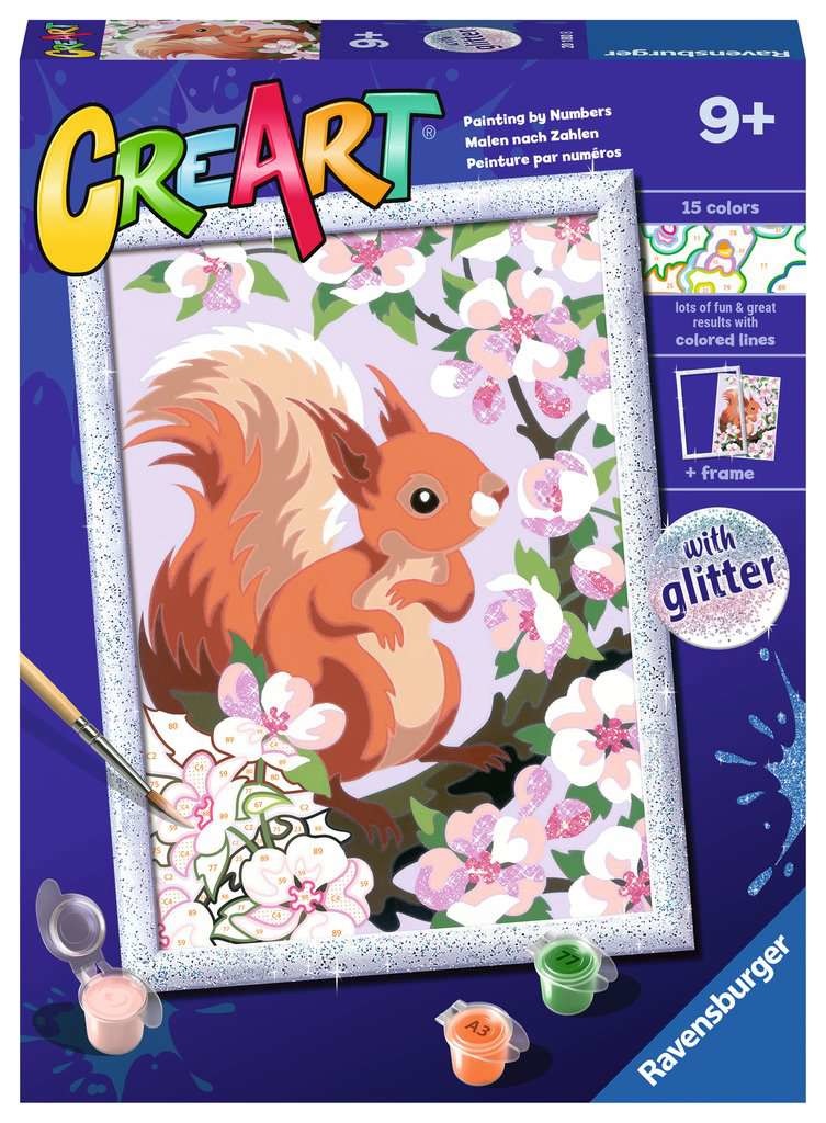 Ravensburger CreArt Serie D Scoiattolo Glitter - Kit per Dipingere con i Numeri per Bambini 7 Anni, Include Tavola, Pennello e Cornice