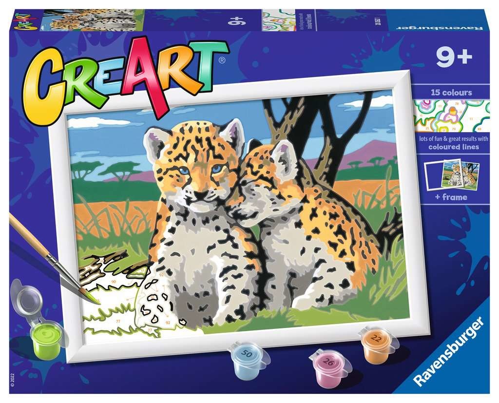 Ravensburger Creart Serie D Cuccioli Di Leopardo - Kit Pittura per Bambini, Dipingere con i Numeri, Include Telaio e Colori, Età 9 Anni e Più