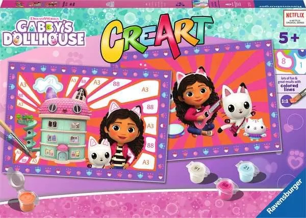 Ravensburger CreArt Serie Junior - Kit Pittura Gabby's Dollhouse, Dipingere con i Numeri, 2 Tavole Prestampate, Pennello e Colori, Gioco Educativo per Bambini 5 Anni