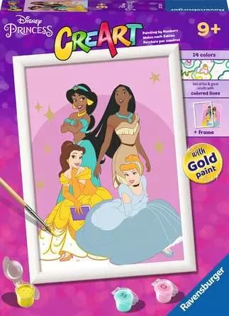 Ravensburger CreArt Serie D - Kit per Dipingere con i Numeri Le Principesse Disney, 18x13 cm, Età 7 Anni, Include Tavola Prestampata, Pennello e Colori