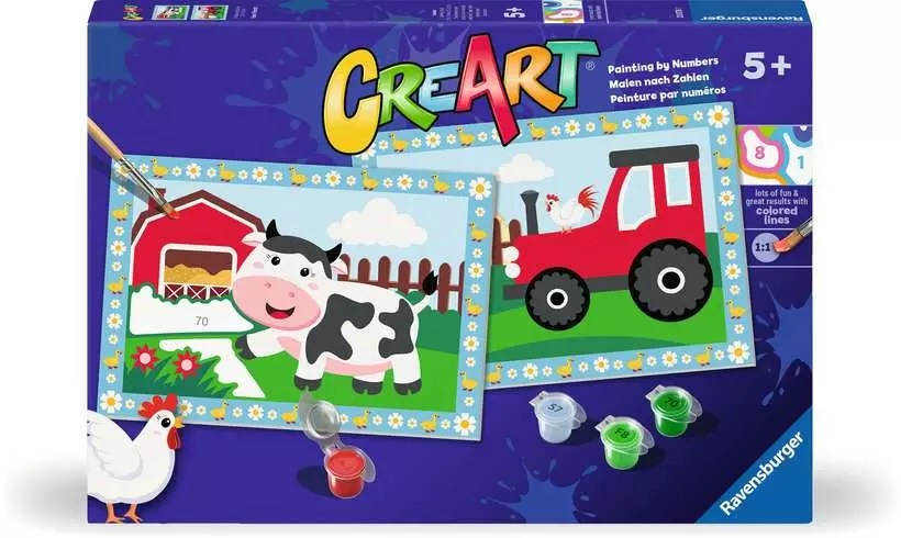 Ravensburger CreArt Serie Junior Fattoria - Kit Pittura per Bambini, Dipingere con i Numeri, Gioco Educativo, Tema Animali, 32x22 cm, Regalo per Bambini 5 Anni