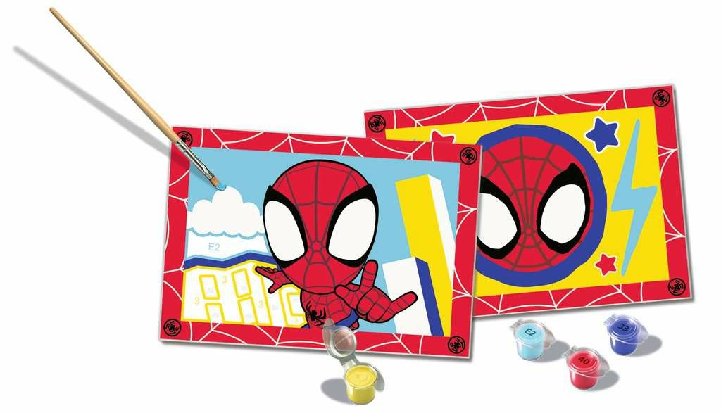 Ravensburger CreArt Serie Junior Spidey - Kit di Pittura per Bambini, Dipingere con i Numeri, Include 2 Tavole Prestampate e Pennello, 32x22 cm, Età 5 Anni