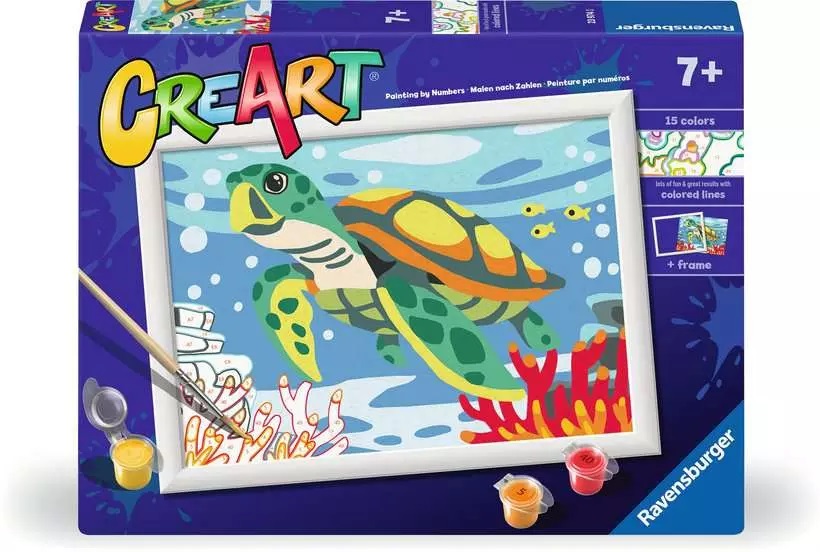 Ravensburger CreArt Tartaruga Marina - Kit Pittura Bambini, Dipingere con i Numeri, Cornice Inclusa, Gioco Educativo per Bambini 9 Anni, 18x24cm