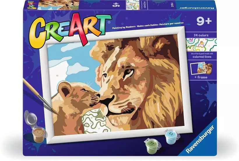 Ravensburger CreArt Serie D: Leone e Cucciolo - Kit di Pittura per Bambini 9 Anni, Dipingere con i Numeri, Cornice Inclusa, 18x24cm