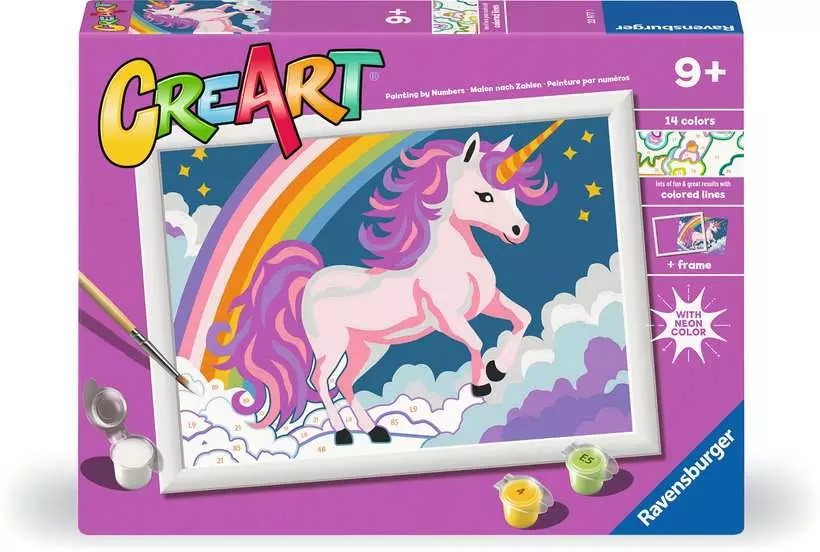 Ravensburger CreArt Serie D Unicorno Rosa Neon - Kit di Pittura per Bambini 9 Anni, Dipingere con i Numeri, Cornice Inclusa, 18x24cm