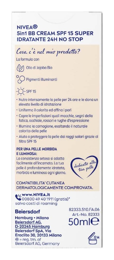 NIVEA 5 in 1 BB Cream Super Idratante 24H No Stop Naturale Crema Viso Colorata SPF 15 - 50 ml