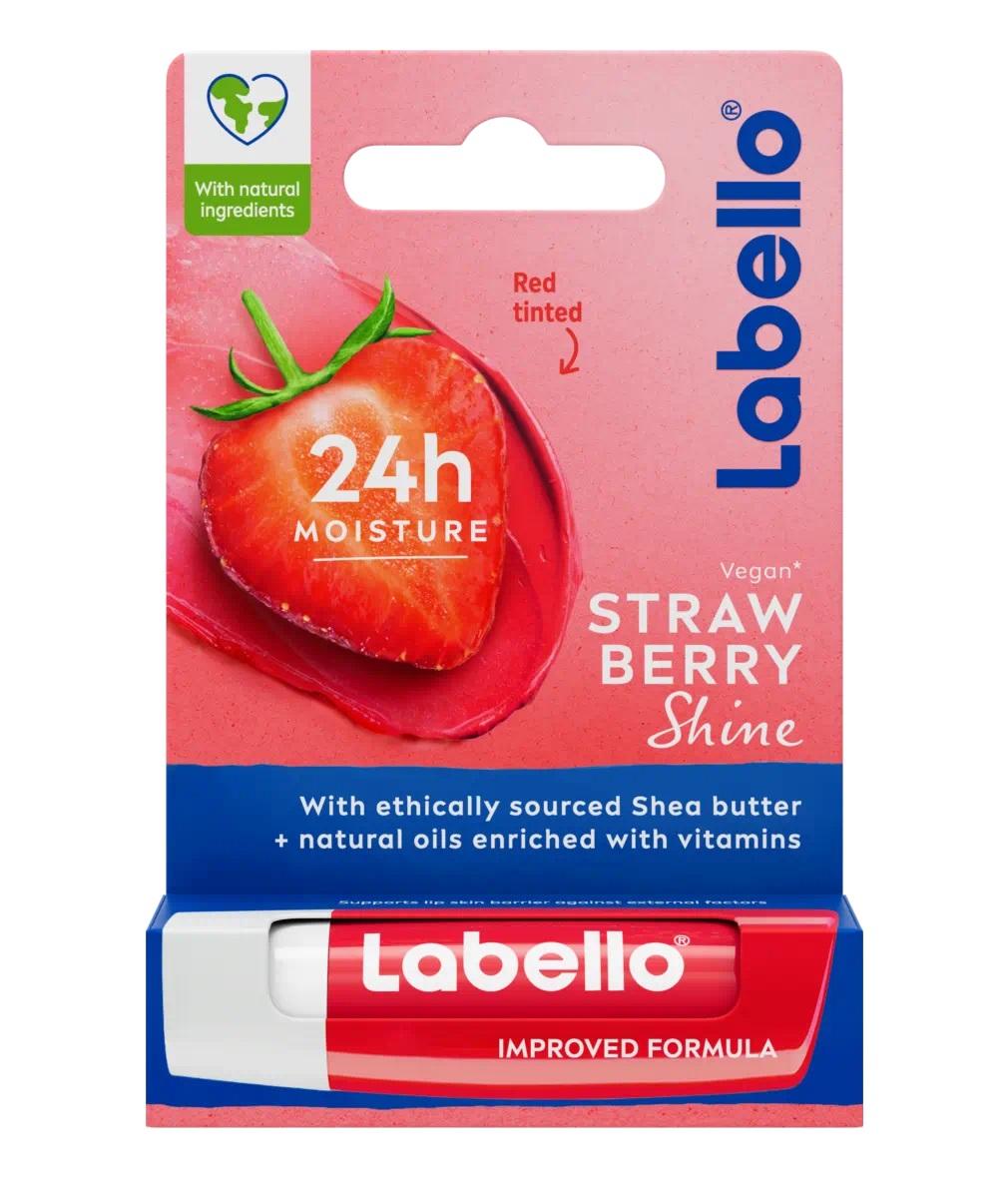 Labello Strawberry Shine Balsamo Labbra 5,5 ml - Aroma di Fragola, Colore Rosso Scintillante, Formula Idratante Senza Oli Minerali